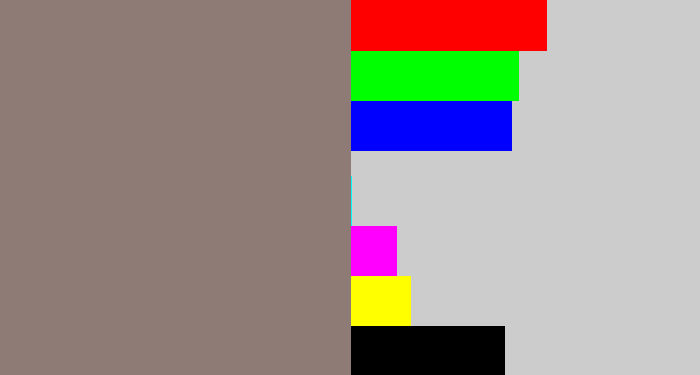 Hex color #8e7b76 - reddish grey