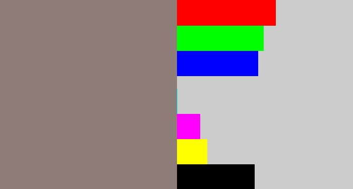 Hex color #8e7c76 - reddish grey