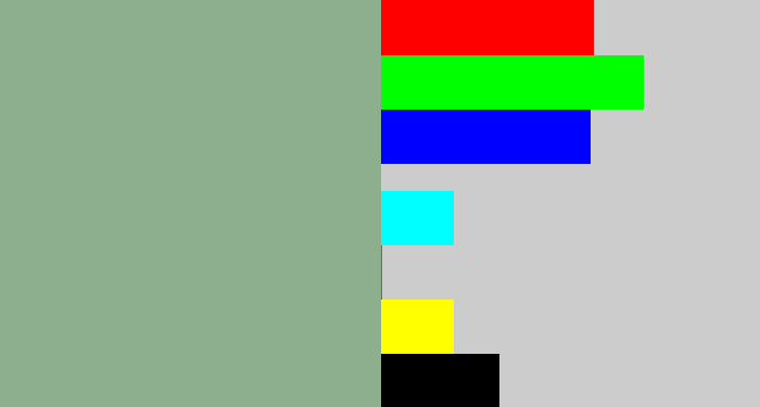 Hex color #8eaf8d - greenish grey