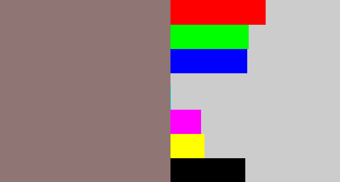 Hex color #8f7573 - reddish grey