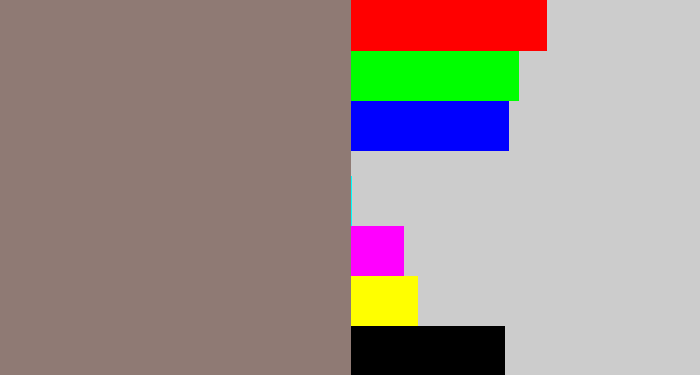 Hex color #8f7a74 - reddish grey
