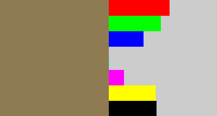 Hex color #8f7b52 - mocha