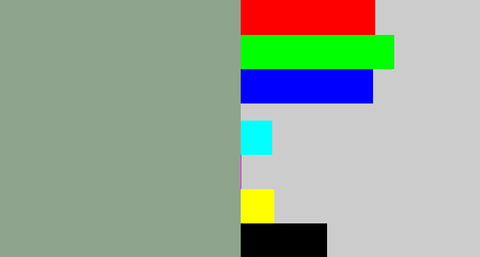 Hex color #8fa48d - greenish grey