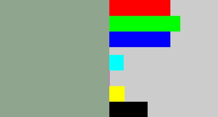 Hex color #8fa58e - greenish grey