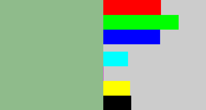Hex color #8fbb8b - greenish grey