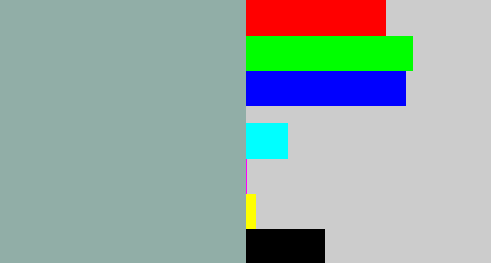 Hex color #91aea7 - cool grey
