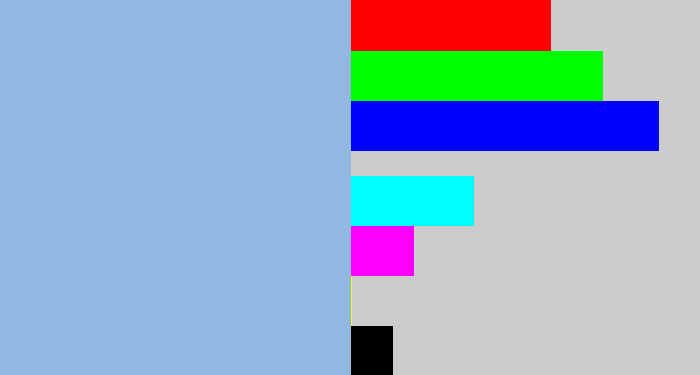 Hex color #91b8e0 - light grey blue
