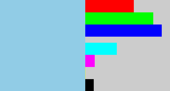 Hex color #91cce6 - light blue