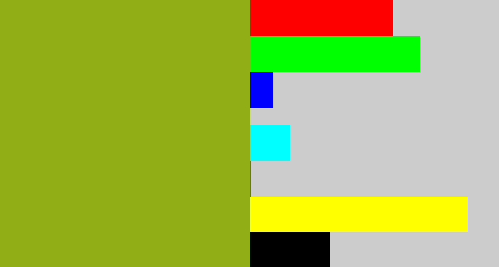 Hex color #92ae16 - pea green