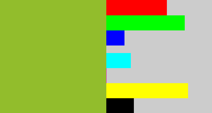 Hex color #92bd2c - sick green