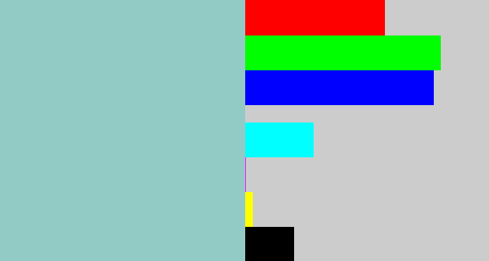 Hex color #92cbc5 - light grey blue