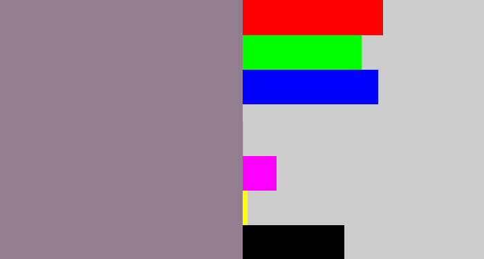 Hex color #937e90 - purpley grey