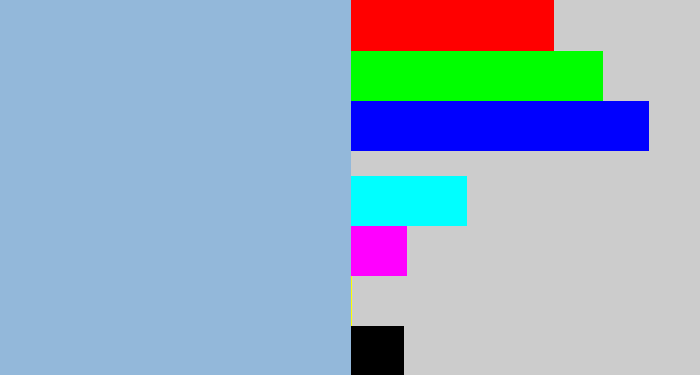 Hex color #93b8da - light grey blue
