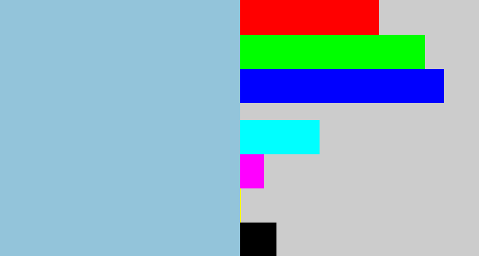 Hex color #93c4da - light grey blue