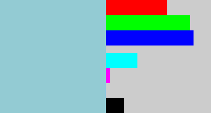 Hex color #93cbd3 - light grey blue