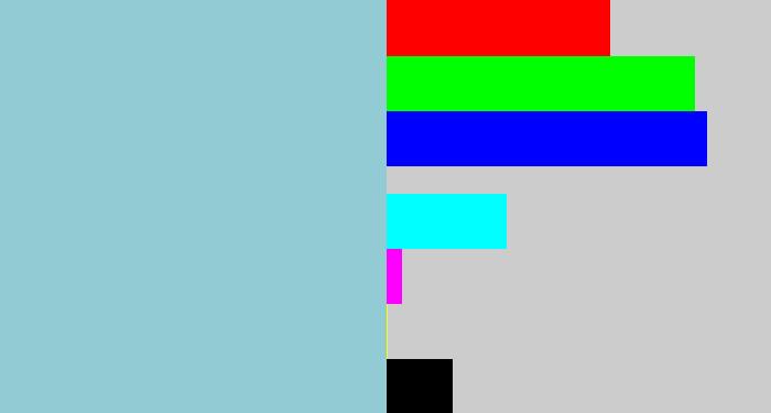 Hex color #93cbd4 - light grey blue