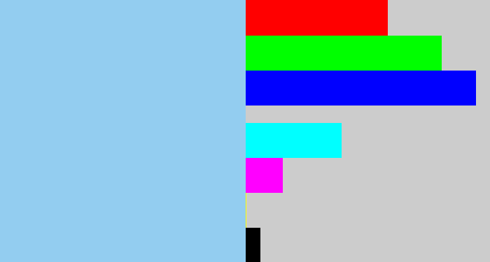 Hex color #93cdf0 - light blue