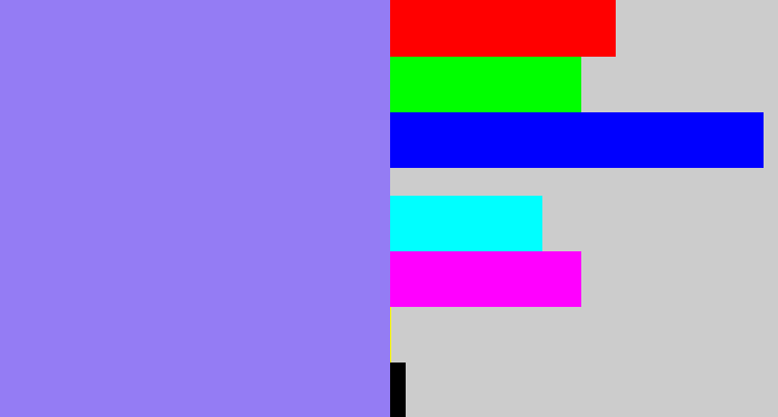 Hex color #947cf4 - periwinkle