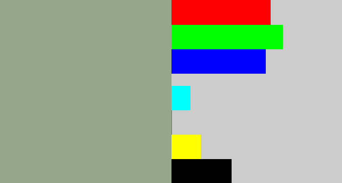 Hex color #94a78b - greenish grey