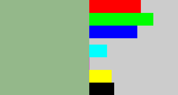 Hex color #94b88a - greenish grey