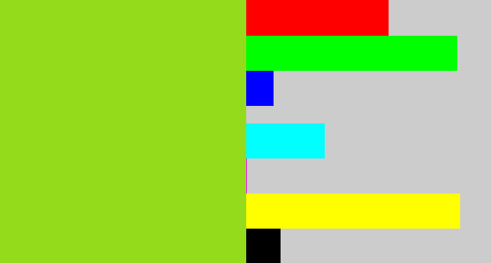 Hex color #94db1c - yellowish green