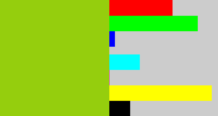 Hex color #95ce0d - slime green