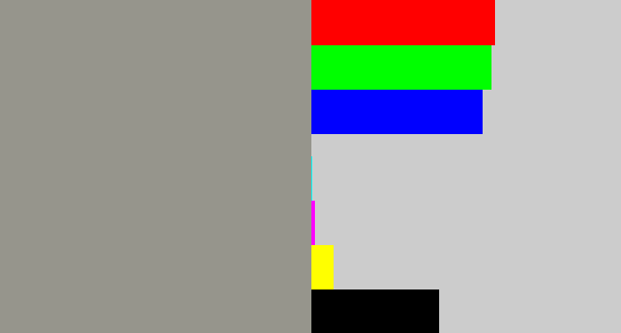 Hex color #96958c - grey