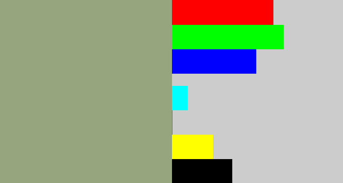 Hex color #96a57e - grey/green