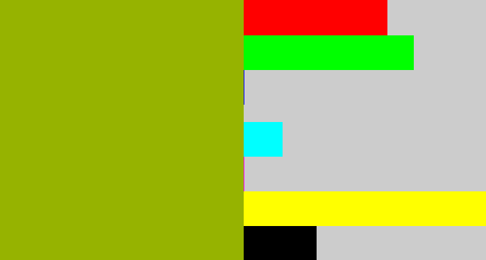 Hex color #96b300 - booger green