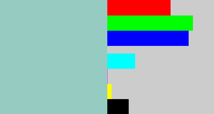 Hex color #96cbc2 - light grey blue