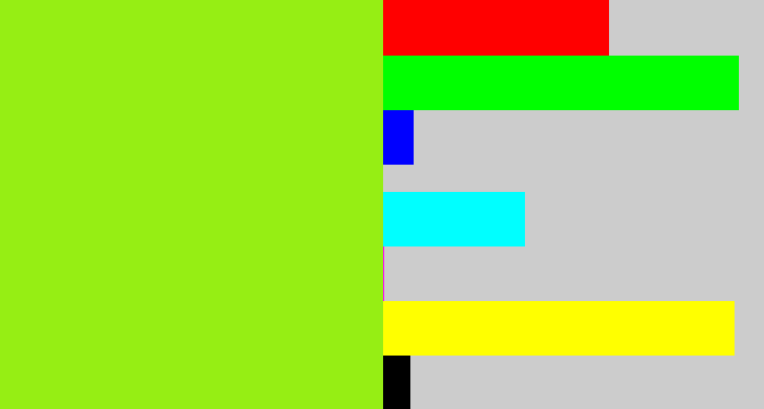 Hex color #96ee14 - acid green