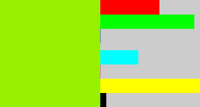 Hex color #96f000 - bright yellow green
