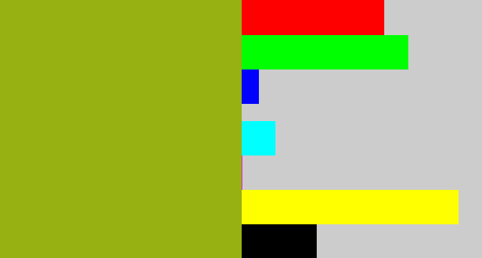 Hex color #97b012 - pea green