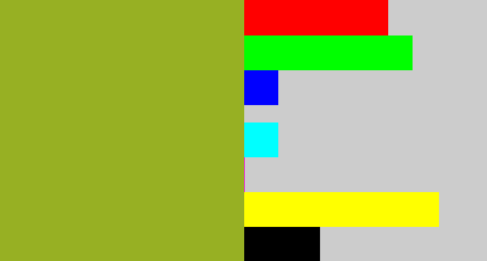 Hex color #97b023 - sickly green