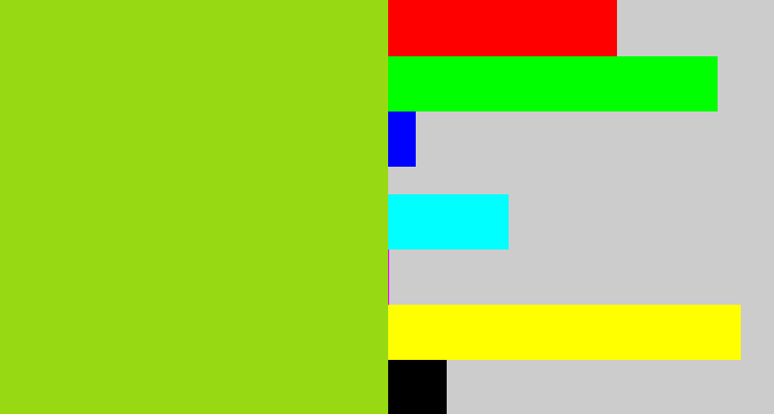 Hex color #97da13 - slime green