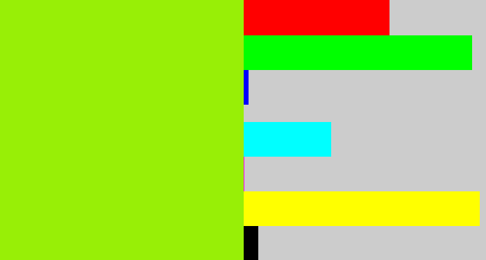 Hex color #98ef06 - acid green