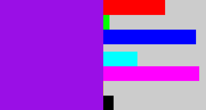 Hex color #9a0fe6 - violet
