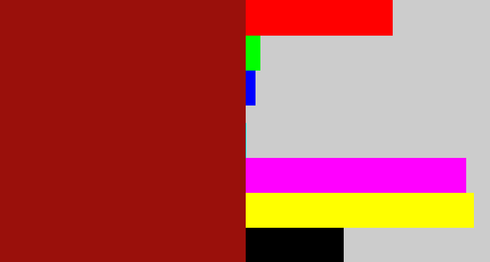 Hex color #9a100b - brick red