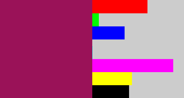 Hex color #9a1258 - dark fuchsia