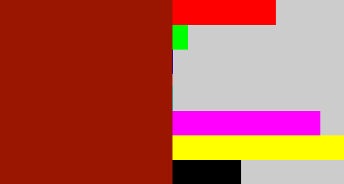 Hex color #9a1600 - brick red