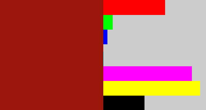 Hex color #9a160a - brick red