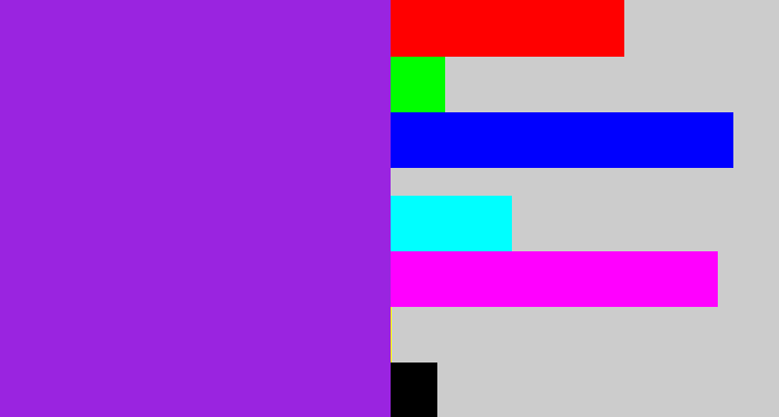 Hex color #9a24e0 - violet