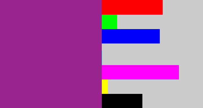 Hex color #9a2591 - warm purple