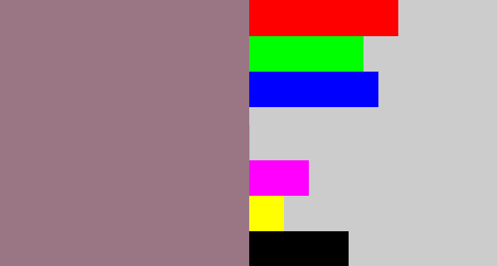 Hex color #9a7584 - purpley grey