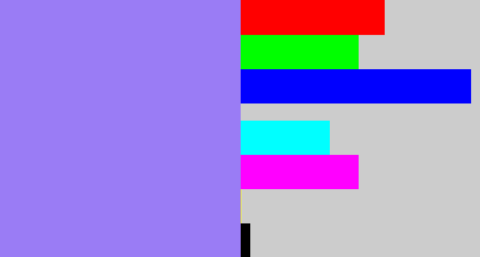 Hex color #9a7cf5 - periwinkle