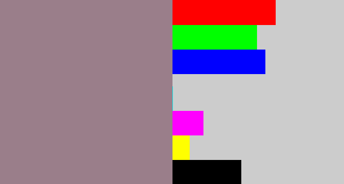 Hex color #9a7e8a - purpley grey