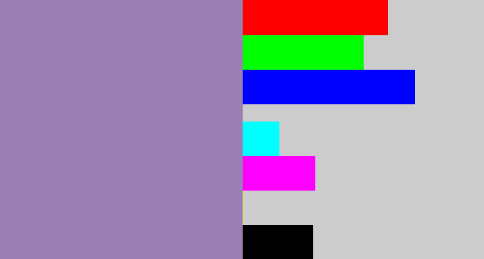 Hex color #9a7fb5 - heather