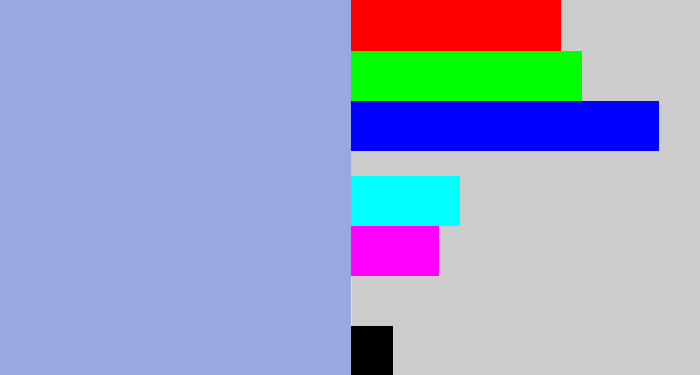 Hex color #9aa8e0 - light grey blue