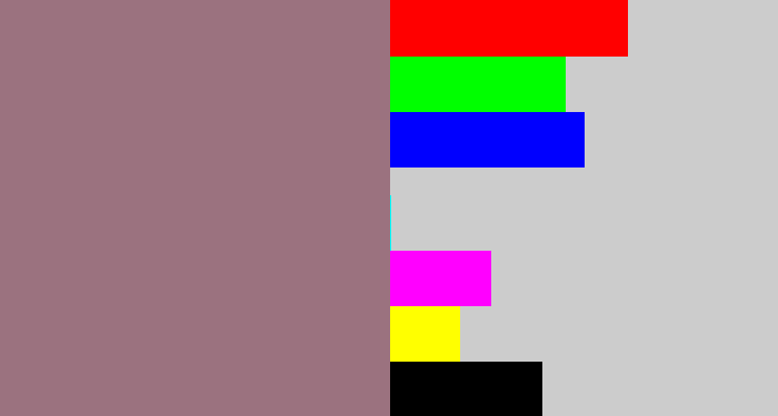 Hex color #9b727f - reddish grey