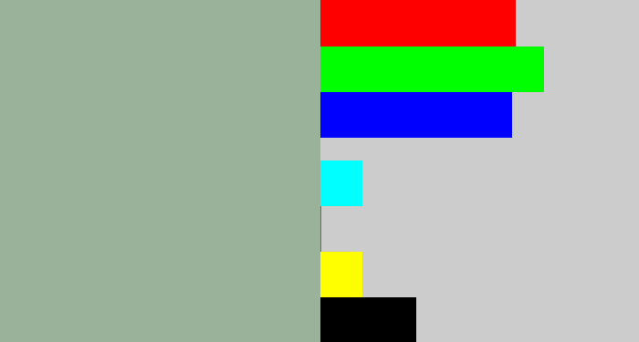 Hex color #9bb29a - greenish grey